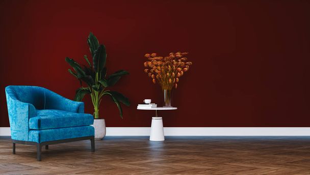 Сучасний мінімалістичний дизайн інтер'єру вітальні, будинку, офісу, готелю, концепції червоної стіни, вінтажне крісло з дерев'яним столом на паркетній підлозі
 - Фото, зображення