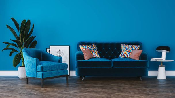 Сучасний мінімалістичний дизайн інтер'єру вітальні, будинку, офісу, готелю, концепції синьої стіни, вінтажне крісло з диваном на паркетній підлозі
 - Фото, зображення