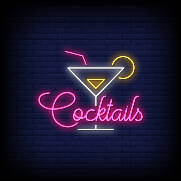 Glowing lettering Cocktails on dark wall background - Vector, Image