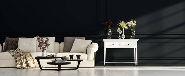 Diseño interior moderno de una sala de estar en un apartamento, casa, oficina, cómodo sofá, flores frescas y detalles interiores modernos brillantes sobre un fondo de pared oscura
. - Foto, imagen