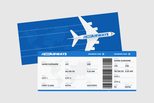 Realistic airline ticket boarding pass design template with passenger name and barcode. Air travel by airplane blue color document vector illustration - Vector, Image
