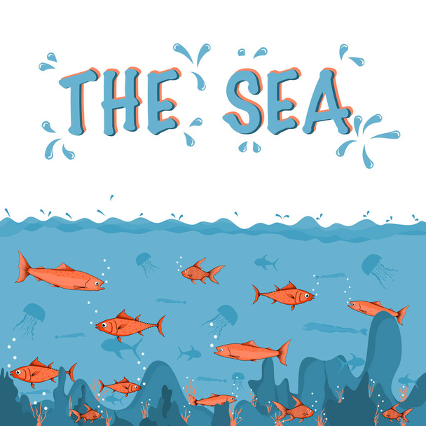 Fondo oceánico profundo y espacio de copia para texto. Vida marina bajo el agua. Dibujos animados ilustración vectorial
. - Vector, Imagen