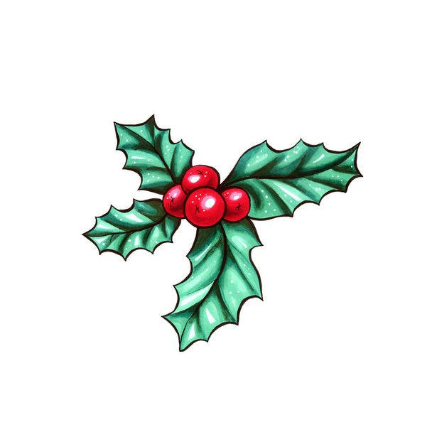 Świąteczna jagoda Holly albo Ilex. Czerwone bożonarodzeniowe owoce. Zimowy akwilium zostawia wystrój. Boże Narodzenie jagoda tradycyjny symbol - Zdjęcie, obraz