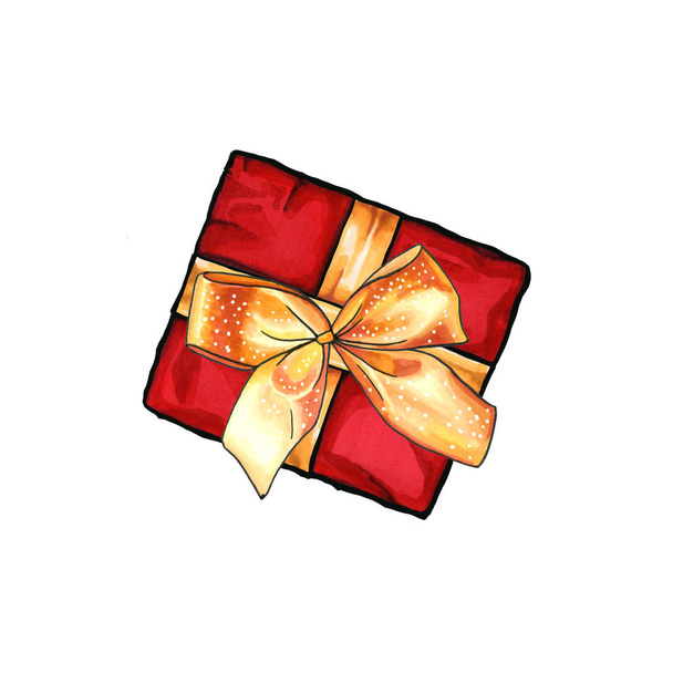 Weihnachtsgeschenkbox handgezeichnete Illustration. Neujahrsschachtel in Papier mit Schleife isoliert Design-Element verpackt. Winterurlaub Grußkarte, Einband, Plakat, Farbklemme - Foto, Bild