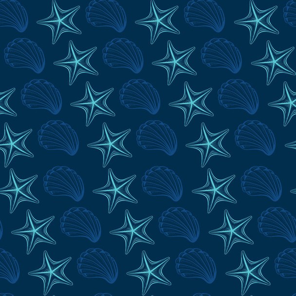 Seashells and starfish vector seamless pattern. Mořské živočichové barevné kresby. Obrys mořského ježka. Rytina podmořských živočichů. Tapety, balicí papír, textilní design - Vektor, obrázek