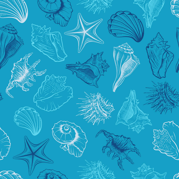 Muscheln, Jakobsmuscheln Vektor nahtlose Muster. Meerestiere bunte Zeichnungen auf blauem Hintergrund. Seeigel Freihand-Gravur. Unterwasserwesen umreißen. Tapete, Textildesign - Vektor, Bild