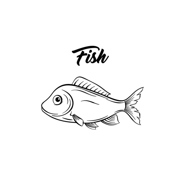 Ryby černobílé vektorové ilustrace. Mořské zvíře s náčrtem ploutví. Druh slané vody, kresba sladkovodního kapra. Zdravá výživa, gurmánská složka menu. Logo restaurace Seafood - Vektor, obrázek