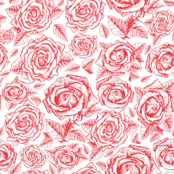 Red Roses Contour Seamless Pattern with Sketch Hand Drawn Flowers for Valentines Day Gift Paper or Wedding Card Design. Engraved Freehand Rose Texture. Summer Floral Vector Pattern, Print Background - Vector, Imagen
