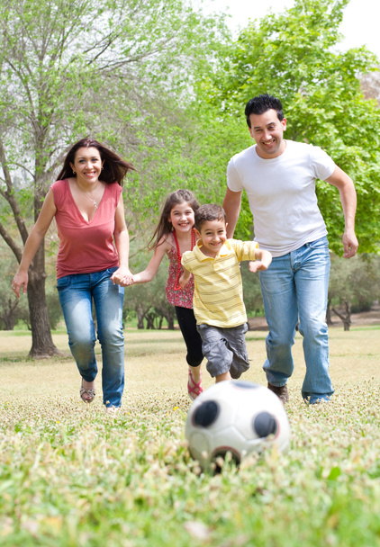 Parents et deux jeunes enfants jouant au soccer dans le champ vert
 - Photo, image