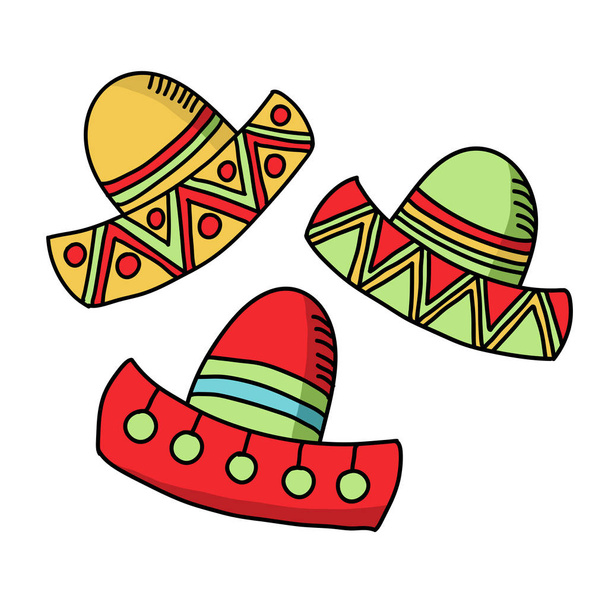 Цинко де Майо - весела святкова приставка і носіння сомбреро або мексиканського капелюха. Свято Латинської Америки 5 травня з прапорами і квітами, кактусом. Мексиканська клітка - Вектор, зображення