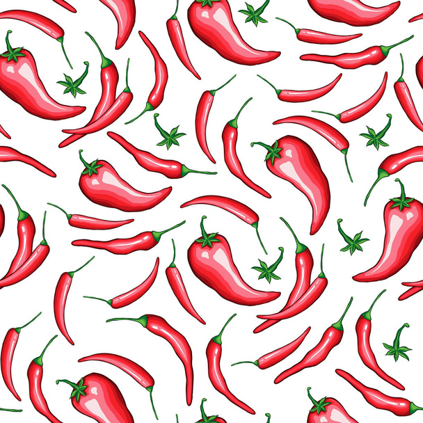 Piros chili rajzfilm zökkenőmentes minta. Forró chilipaprika firka textúra. Cinco de Mayo, kézzel rajzolva. Mexikói étterem nyaralás háttér. Fűszeres növényi csomagolópapír vektor kitöltése - Vektor, kép