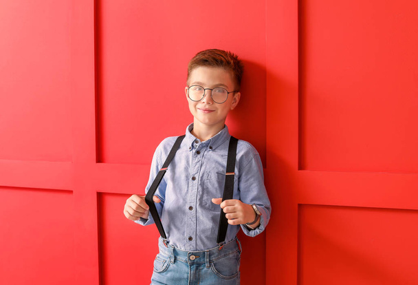 Cute fashionable boy on color background - Fotografie, Obrázek