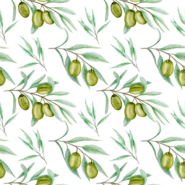 Patrón sin costura Acuarela hojas de ramas de olivo verde, ilustración de aceitunas realistas sobre fondo blanco, textura de tela pintada a mano. Diseño para invitaciones, póster, tarjeta de felicitación, concepto de etiqueta - Foto, imagen
