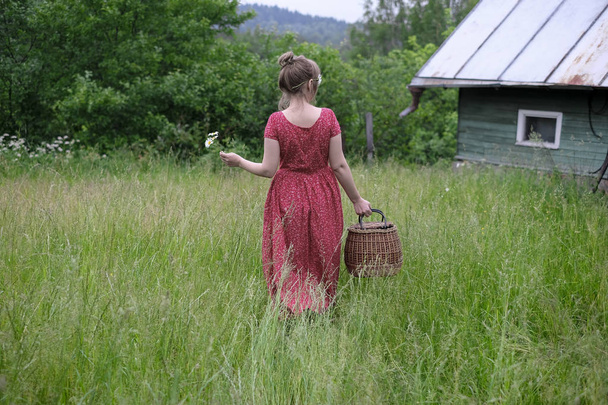 young woman in a red dress walking with a wicker-ball on a high grass in the countryside in the summer in the garden - Photo, image