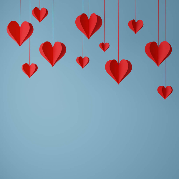 3D red paper hearts hanging over blue background. Square minimal 3d render, simple 3d illustration. Love, valentine and peace concept with copy spcae for your text. - Photo, Image