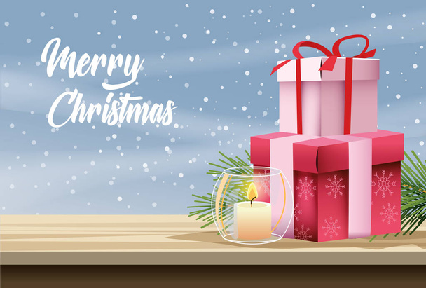 Feliz cartão de Natal com vela e presentes
 - Vetor, Imagem