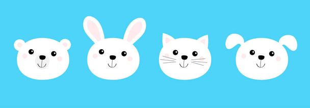Bear, cat, dog, rabbit. Animal head face round icon set line. White color. Cute cartoon kawaii funny baby character. Flat design. Isolated. Blue background. - Vector, imagen