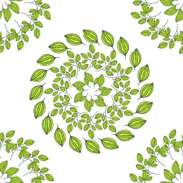 Hand-drawn seamless pattern with green branches and leaves. Simple green leaf tree elements for summer and spring decoration. Doodle for design, logo, cards. - Foto, Bild