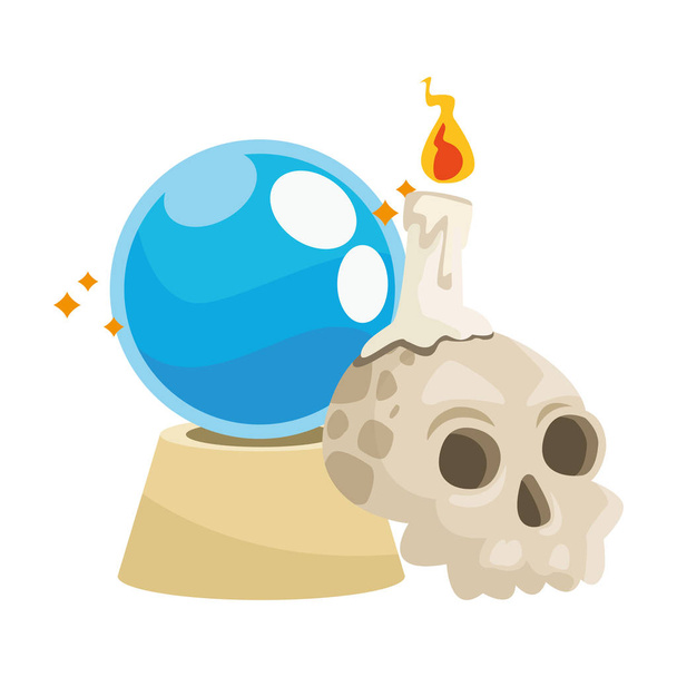 череп Хэллоуина с хрустальным шаром и свечой
 - Вектор,изображение
