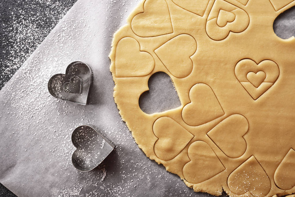 top view of shortcake dough with heart shapes - Photo, Image