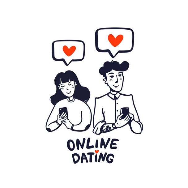 Online társkereső koncepció. Fiatal férfi és nő keresi a szerelmet egy mobiltelefon alkalmazással. Lapos vektor illusztráció. - Vektor, kép