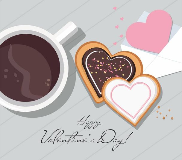Tarjeta de San Valentín, taza con café y galletas en forma de corazón con esmalte. Vista superior. Día de San Valentín
.    - Vector, imagen