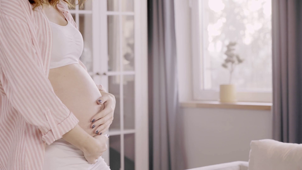 visão cortada da mulher grávida acariciando a barriga
 - Filmagem, Vídeo