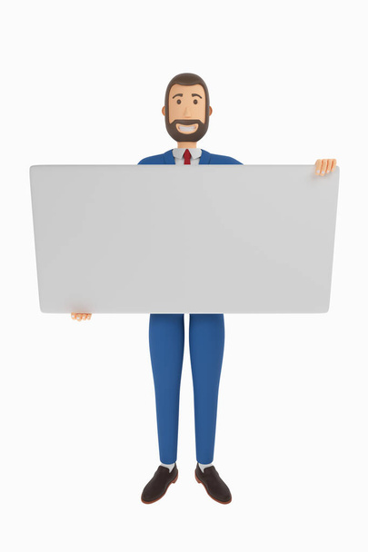 У нарисованного мультипликационного бизнесмена в руках визитка. 3D рендеринг
 - Фото, изображение
