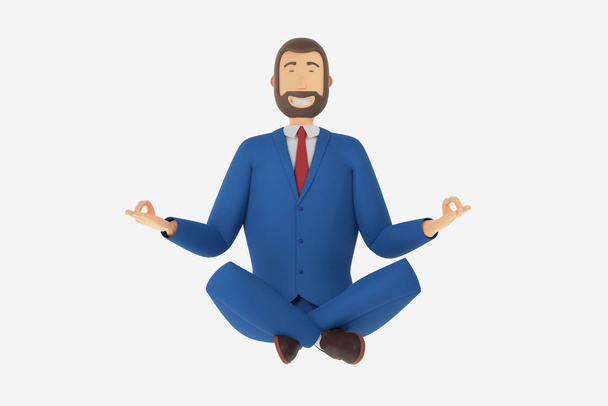 Personaggio dei cartoni animati, uomo d'affari seduto in posizione loto. Rendering 3D
 - Foto, immagini
