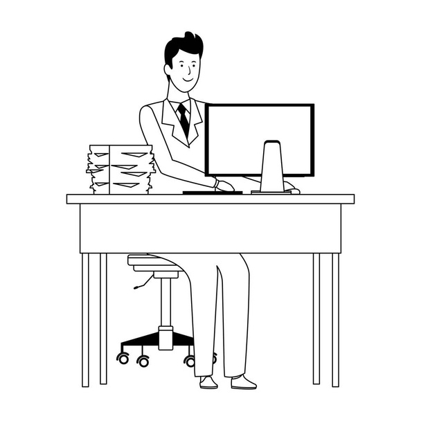 机の上で働く漫画家 - ベクター画像