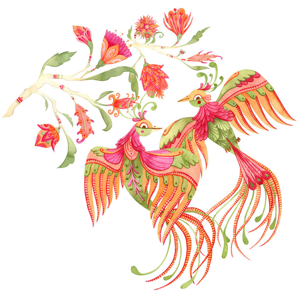 Krásné složení akvarel ráj květiny a dva bir - Fotografie, Obrázek