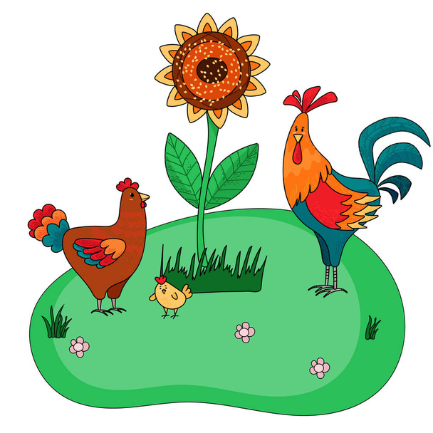 Farm set of hen with rooster and cute chick on green background with sunflower. Vector illustration for kids book, Easter cards. - Vetor, Imagem