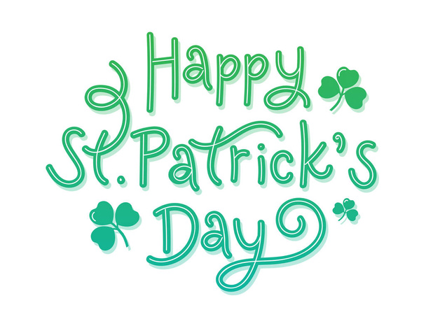 Green Happy St. Patrick's Day Font with Shamrock Leaves on White - Wektor, obraz