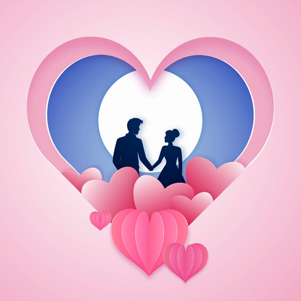 Paper Layer Cut Heart Shape Romantic Full Moon Background with C - Вектор, зображення