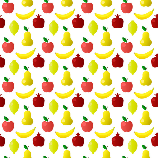 Patrón inconsútil de fruta colorida con manzanas, peras, plátanos, pompones
 - Vector, imagen