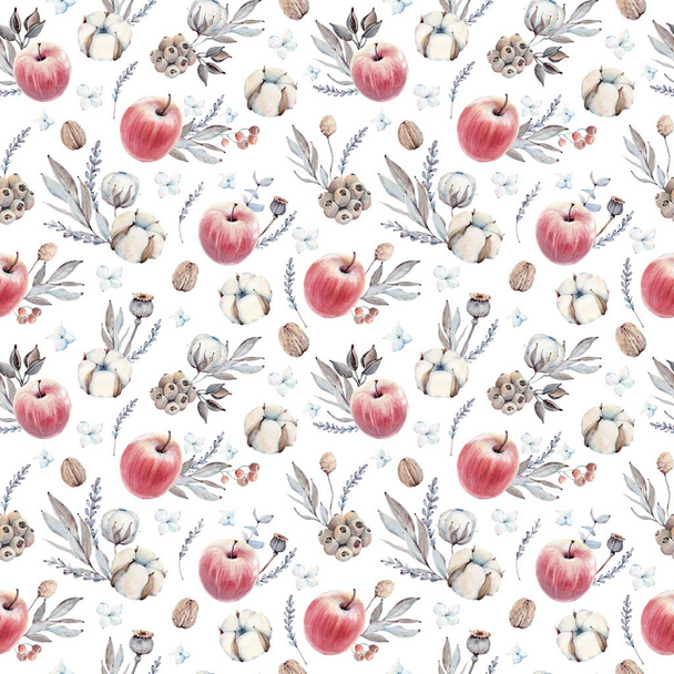 hand drawn apples and cotton flowers seamless pattern. It's perfect for wallpaper, fabric design, textile design, cover, wrapping paper, surface textures, digital paper. - Fotoğraf, Görsel