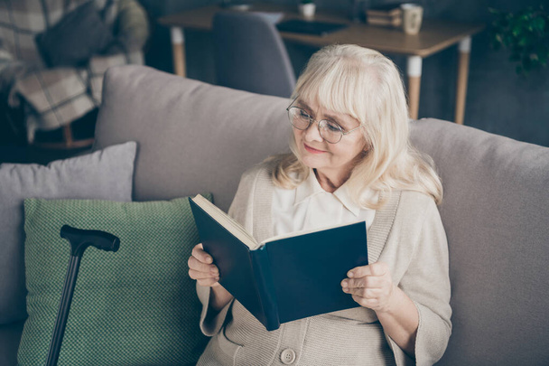 Close-up portrait of her she nice attractive lovely focused gray-haired lady sitting on divan reading interesting novel spending retirement in flat house apartment indoors - Foto, Imagem