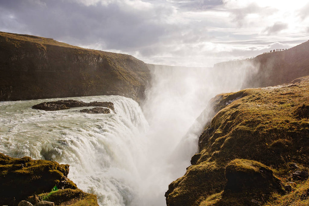 Landscape with big majestic Gullfoss waterfall in mountains in I - Φωτογραφία, εικόνα