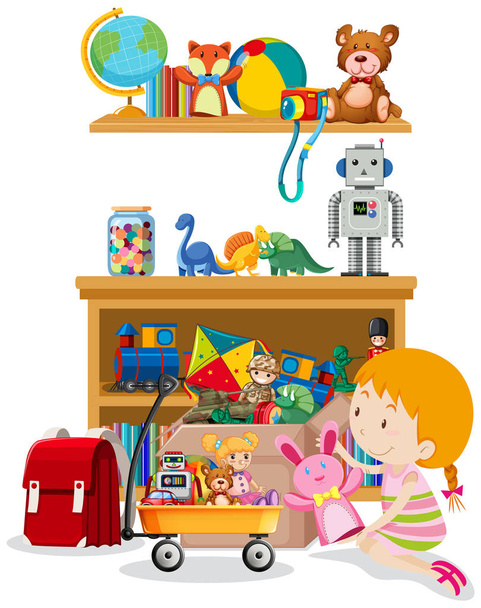 Shelf and box full of toys on white background - Vector, Image