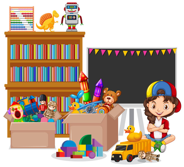 Shelf full of books and toys on white background - Vector, Image