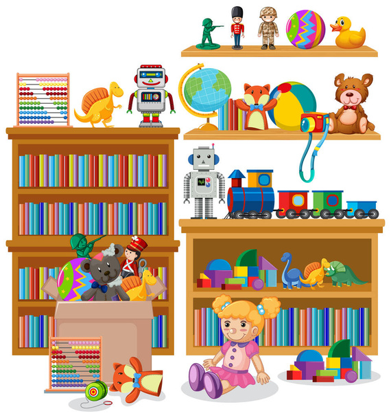 Scaffale pieno di libri e giocattoli su sfondo bianco - Vettoriali, immagini