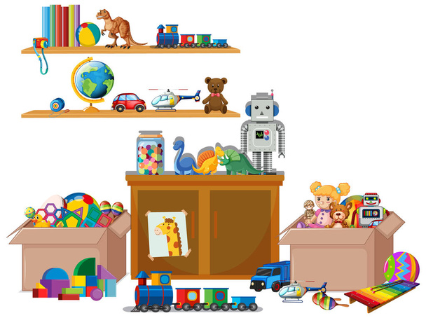 Plank vol boeken en speelgoed op witte achtergrond - Vector, afbeelding