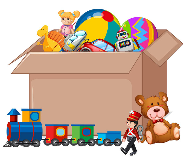 Cardboard box full of toys on white background - Vector, Image