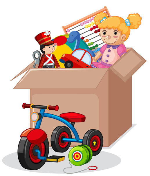 Caja de cartón llena de juguetes sobre fondo blanco
 - Vector, imagen