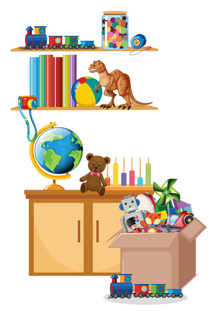 Shelf and box full of toys on white background - Vector, Image