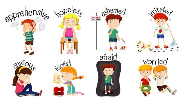 Set of children doing activities with word expressing feelings - Vector, Image