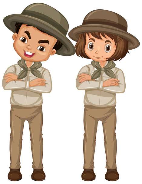 Niño y niña en uniforme de explorador sobre fondo blanco - Vector, imagen
