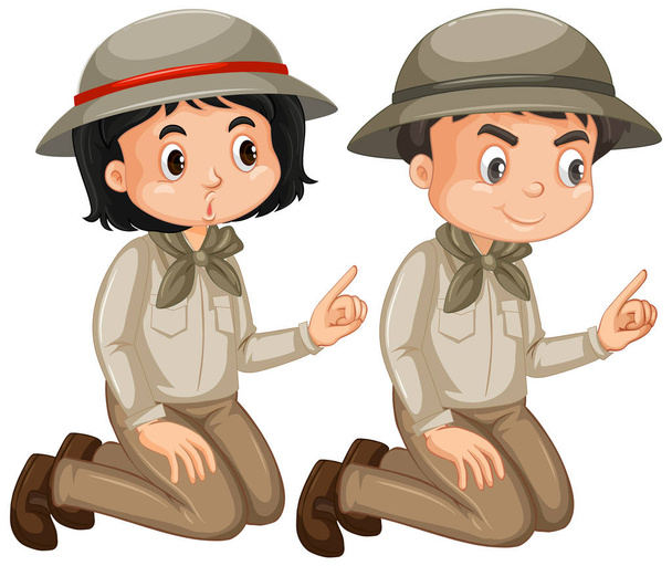 Boy and girl in safari outfit on white background - Vector, Image