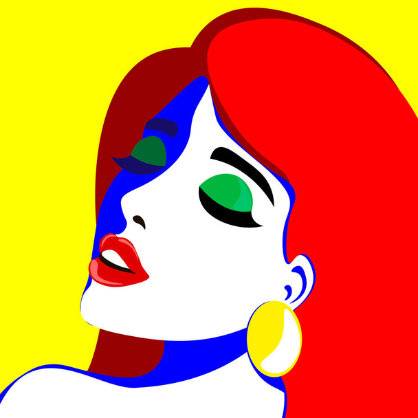 Fiatal nő modell profil pop art stílusban. Szexi lány reklám fényes hajjal - Vektor, kép