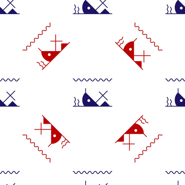 blau und rot versunkenes Schiff auf dem Grund des Meeres Ikone isoliert nahtlose Muster auf weißem Hintergrund. Vektorillustration - Vektor, Bild